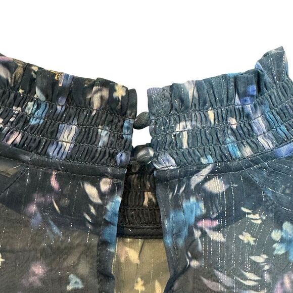 French Connection Blue Floral Ruffle High Neck Long Sleeve Top | M - Picture 7 of 11